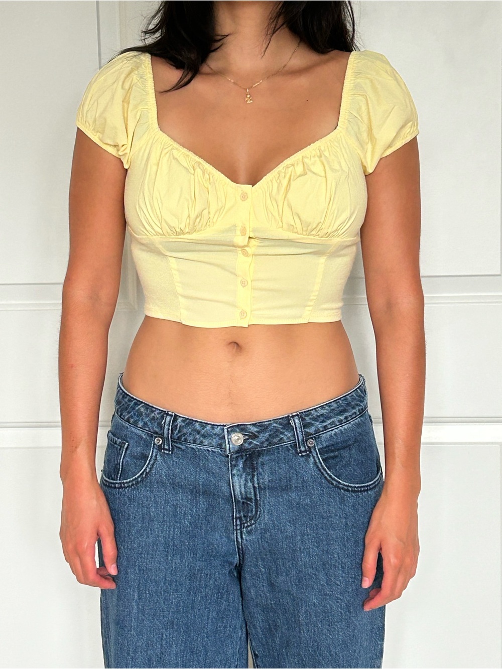 Garage Pale Yellow Puff-Sleeve Button Crop Top